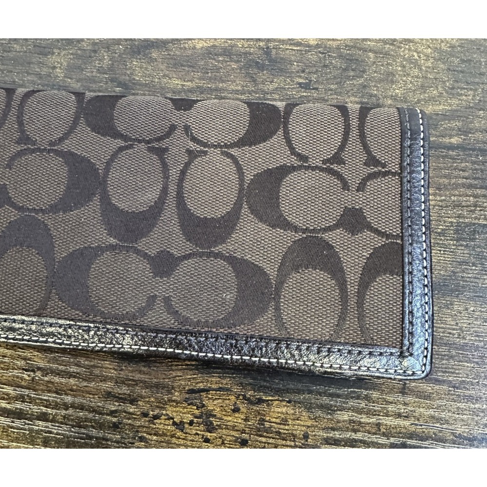 Coach Checkbook Cover Signature Brown Logo Jacquard Fabric Leather Trim Wallet - Picture 4 of 14